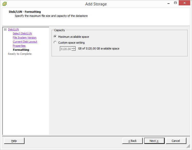 VMware iSCSI. Add Storage. Datastore Size.