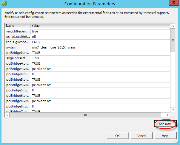 Configuration Parameters Add Row
