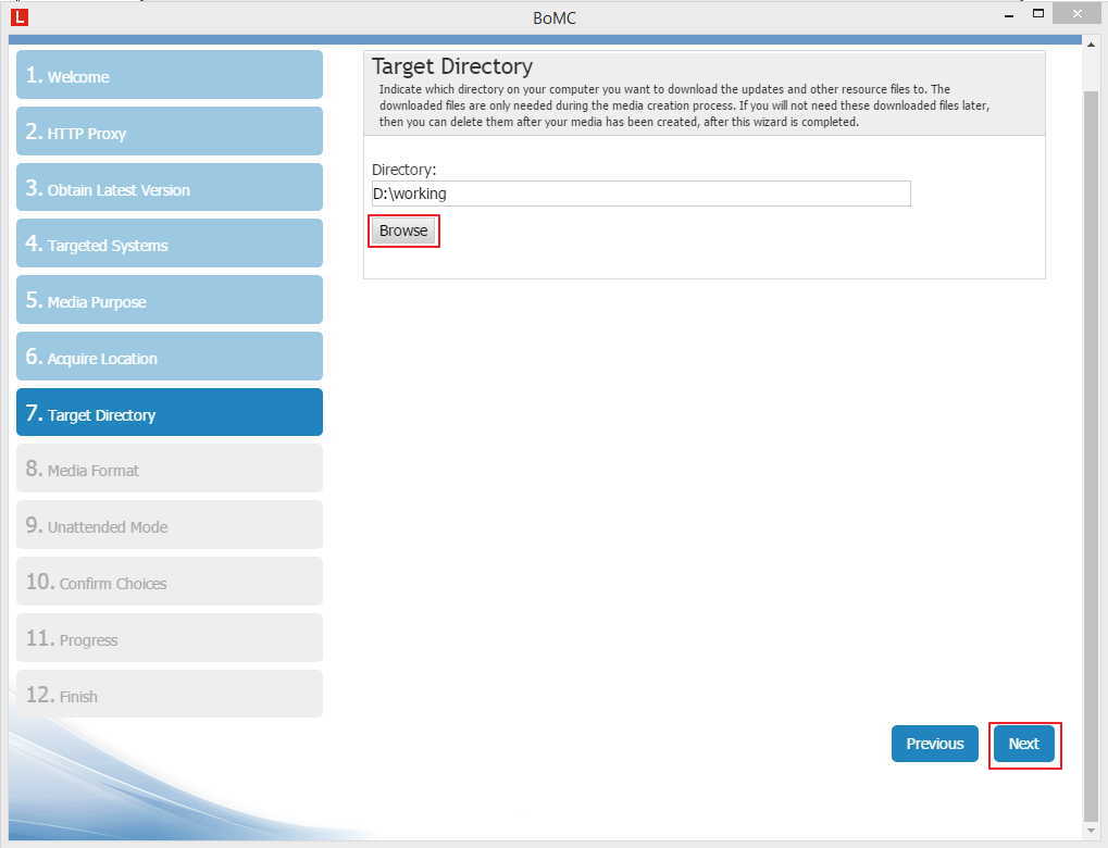 BoMC Target Directory Screen