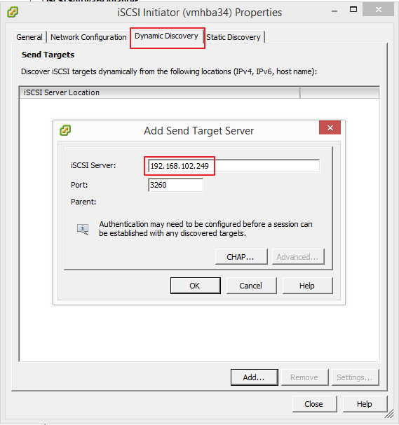 VMware iSCSI Properties Network Configuration Dynamic Discovery