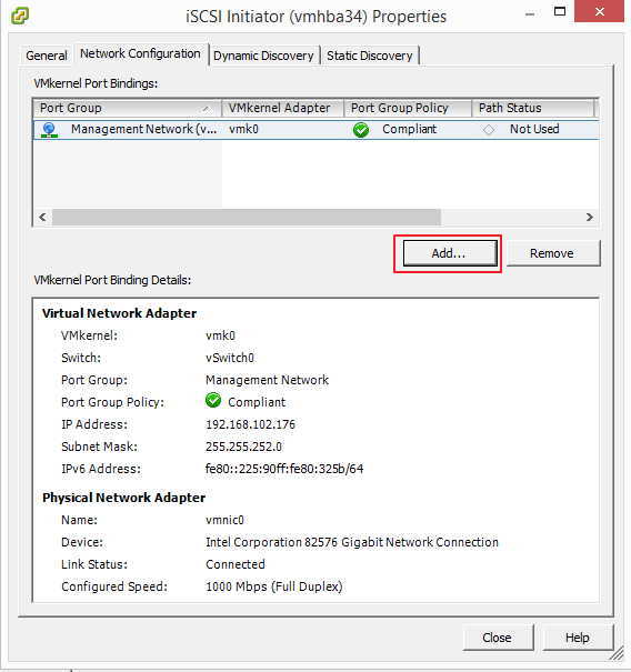VMware iSCSI Properties Network Configuration 2