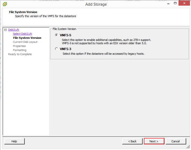 VMware iSCSI. Add Storage. Select File System Type.