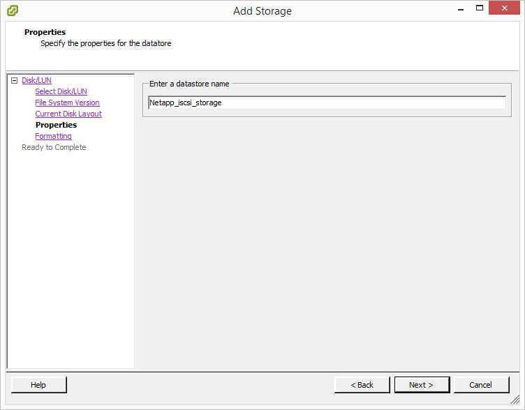 VMware iSCSI. Add Storage. Enter Datastore Name.