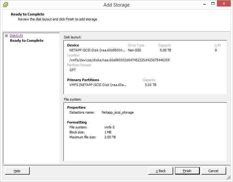VMware iSCSI. Add Storage. Finish Screen