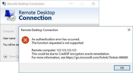 CredSSP encryption oracle remediation. скрин ошибки при подключении